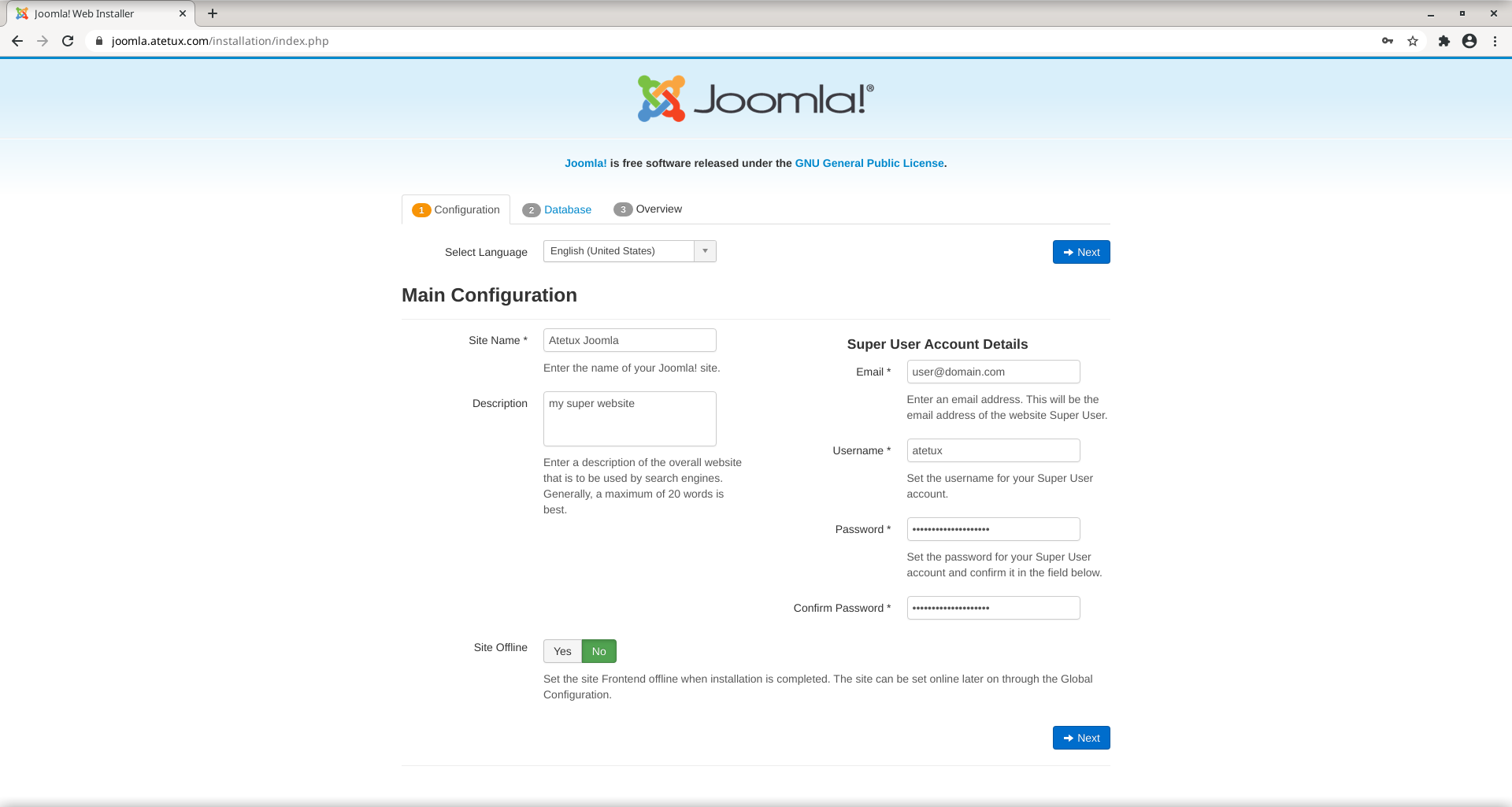 joomla first configuration