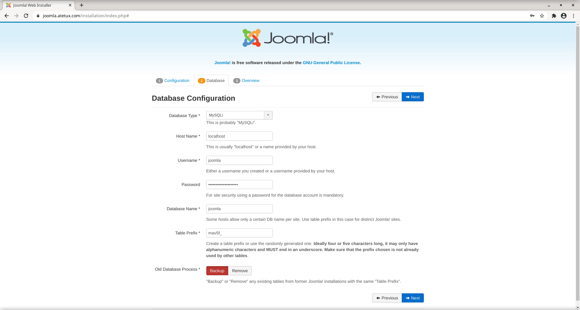 joomla installer database